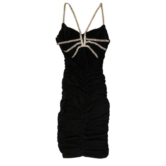 Cache Bodycon Ruched Mini Dress US 2 Black Open Back Rhinestone Party Black Tie - Picture 3 of 11